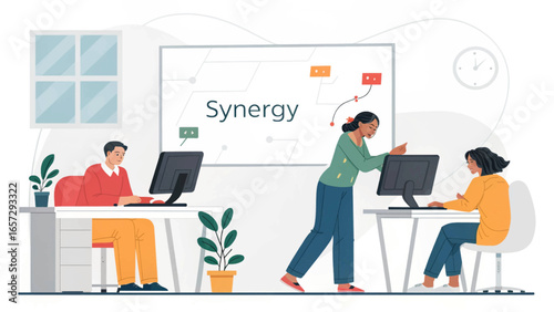 Diverse team collaborating on a project in a modern office, demonstrating synergy and teamwork. Ideal for business, technology, and success concepts.