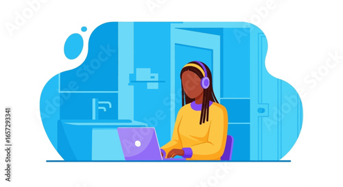 Young woman in headphones working remotely on a laptop. Ideal for concepts of online learning, virtual meetings, and remote communication.