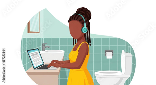 Woman working remotely on laptop in an unconventional bathroom setting, wearing headphones. Illustrates flexible work, humor, or challenges of remote productivity.