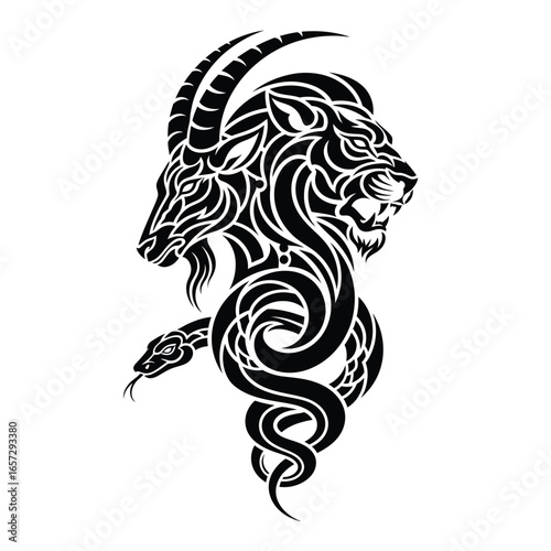 Mythical Chimera Illustration Goat, Lion, and Snake Tattoo Design