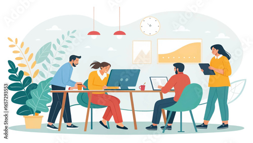 Diverse team collaborates in a modern office, focused on productivity and growth. Ideal for business, startup, and corporate concepts.