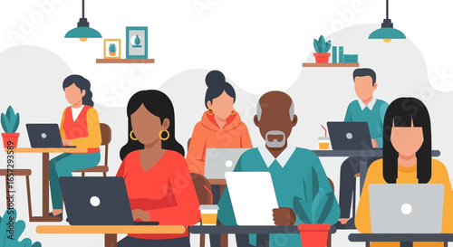 Diverse professionals collaborate and work on laptops in a modern, vibrant office or coworking space, symbolizing teamwork, technology, and inclusive business.