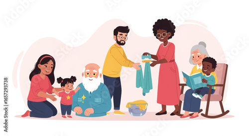 Multi-generational family enjoying daily life at home, showing togetherness, support, and care. Concepts of family values, unity, and shared responsibilities across diverse backgrounds.