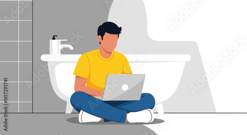 Vector illustration of a man working remotely on his laptop from the comfort of his bathroom, highlighting flexible work and modern lifestyle.