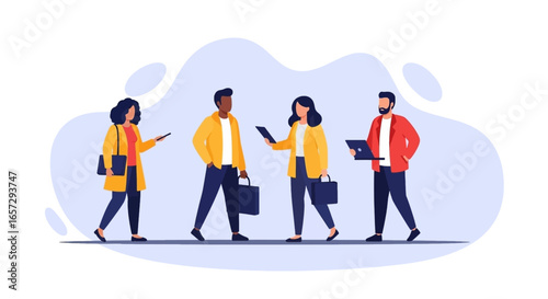 Diverse business professionals collaborate and communicate using digital devices, embodying teamwork and modern technology in a dynamic, connected world.