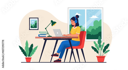 A woman works remotely from her comfortable home office, focused on her laptop with headphones on. Ideal for themes of productivity, remote work, and online learning.