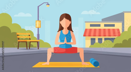 Woman practicing yoga outdoors in a park setting, promoting health, wellness, and mindful living in an urban environment.