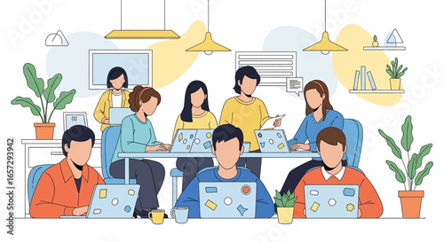 Diverse team collaborating in a vibrant modern office or coworking space, fostering productivity and innovation. Ideal for business, tech, and startup themes.