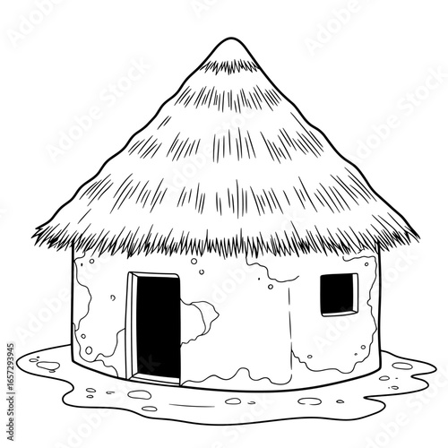 A rustic, circular hut with a straw-thatched roof and mud walls, standing alone on damp, uneven ground—evoking traditional rural architecture and earthy simplicity.