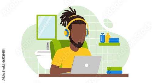 Man with headphones working on a laptop in a bathroom, illustrating the flexibility and unexpected realities of remote work and home office setups.