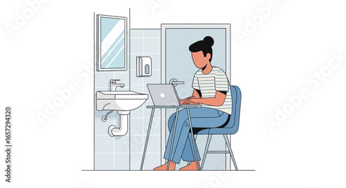 Person working remotely on a laptop in a bathroom, symbolizing the flexibility and unconventional nature of modern work-from-home environments.