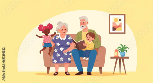 Joyful multiracial family moment: Grandparents reading to diverse grandchildren on a sofa, illustrating love, education, and family lifestyle.