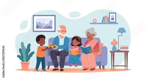 Happy multi-generational family bonding at home. Grandparents and grandchildren enjoy reading and playing, depicting love, learning, and shared moments.