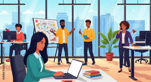 Diverse team collaborating in a vibrant, modern office environment, engaged in discussions and work. Represents productivity, teamwork, and business success.
