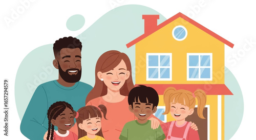 Diverse, happy family smiling together in front of a house, symbolizing home, unity, and secure living. Ideal for real estate, insurance, and family lifestyle concepts.