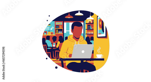 Young man working remotely on his laptop in a modern cafe, enjoying a hot drink. Ideal for digital nomad, flexible work, or casual business concepts.