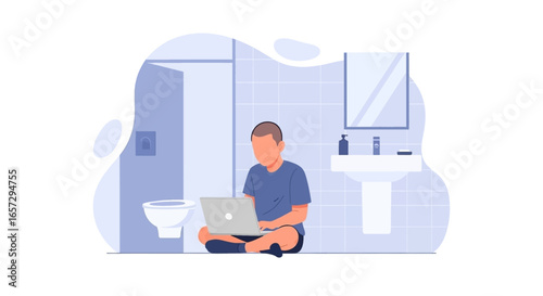 Person focused on a laptop while sitting on the bathroom floor, illustrating unconventional remote work spaces, privacy, or work-life balance.