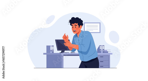 An office worker experiences wrist pain while working at his desk, highlighting workplace health issues and stress from prolonged computer use.