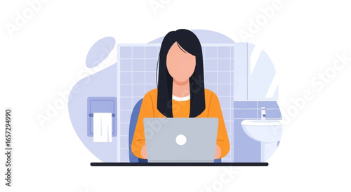 Woman using laptop in a bathroom setting, illustrating flexible remote work or work-life balance. Concept for business, technology, and modern lifestyle.