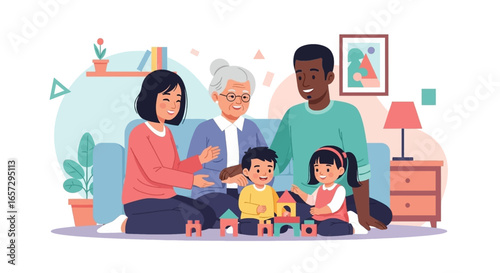 Joyful multi-generational family playing with building blocks at home. Illustrates family bonding, togetherness, childhood development, and happy memories.