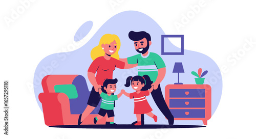 Joyful family with two children bonding happily at home, representing love, security, and a carefree childhood. Ideal for parenting or lifestyle themes.