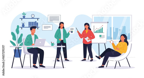 Diverse team collaborates in a modern office, engaged in a business presentation and discussion. Ideal for corporate, teamwork, and professional development concepts.