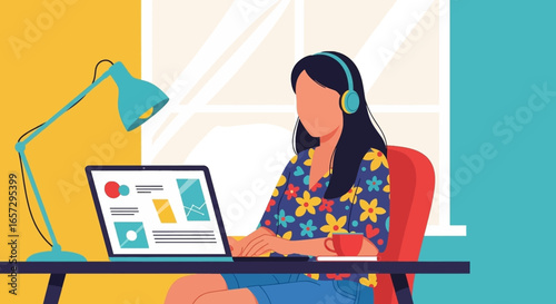 Focused woman working remotely on laptop with headphones, ideal for business, technology, online learning, or productivity concepts.