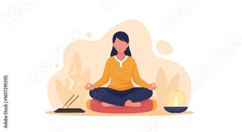 Serene woman in lotus pose meditating, surrounded by incense smoke and a glowing candle. Represents peace, mindfulness, and stress relief.