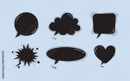 Collection of six diverse hand drawn black speech bubbles and thought bubbles on a light blue background