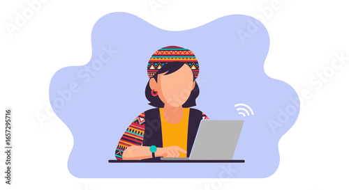 Vibrant illustration of a person in cultural attire using a laptop with Wi-Fi. Represents remote work, digital connectivity, and global lifestyle.