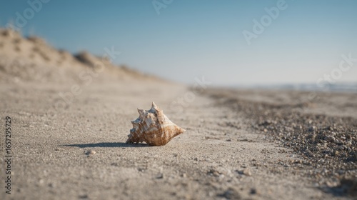 Serene Seashore Still Life: Seashell on a Tranquil Sandy Beach Landscape