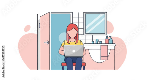 Person working remotely on laptop in a bathroom. Represents flexible work, home office, and adapting to new digital lifestyles.