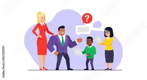 Diverse business team collaborating on a digital project. Represents teamwork, mentorship, and effective communication in a dynamic, forward-thinking environment.