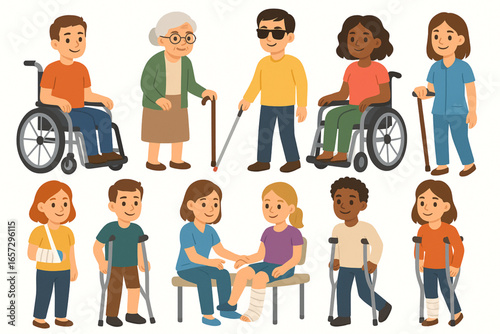 Cartoon disabled people with wheelchairs canes crutches plaster vector set