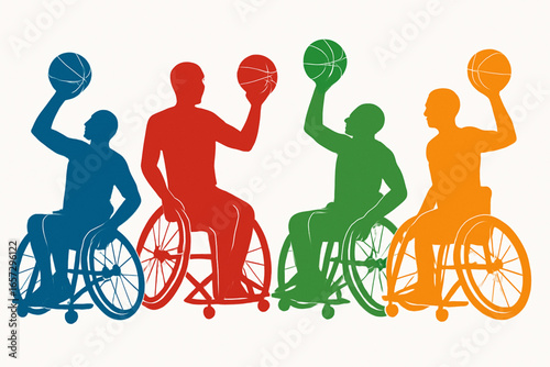Color silhouettes of wheelchair basketball disabled athletes vector illustration