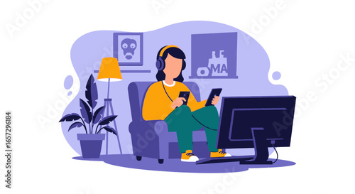 A person relaxes at home, immersed in digital entertainment with headphones and devices, suitable for lifestyle, leisure, or remote work concepts.