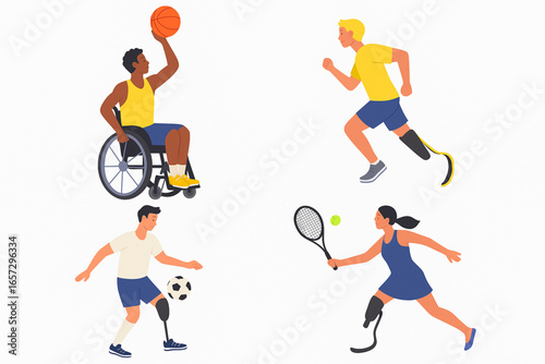 Vector flat illustration disabled athletes wheelchair prosthesis basketball tennis soccer jogging