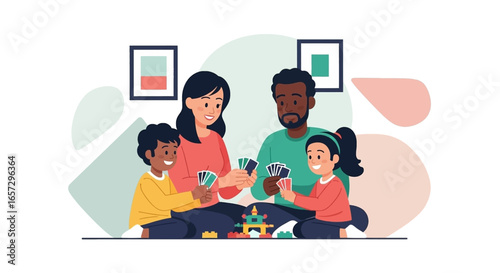 Happy family (parents, two kids) playing cards and building blocks, enjoying quality time. Illustrates family bonding, childhood, and home leisure.