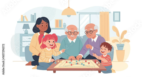 Happy multi-generational family enjoys a fun board game night at home. Illustrates family togetherness, joy, and intergenerational bonding.