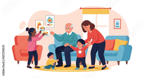 Happy multi-generational family spending quality time together at home, fostering connection and support. Ideal for family life, childhood, and elder care concepts.