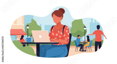 Woman works remotely on laptop at an outdoor cafe, symbolizing flexible work, digital nomad lifestyle, and modern business productivity.