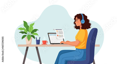 Woman happily working from home on her laptop with headphones, enjoying a comfortable remote work setup. Ideal for business, education, or lifestyle content.