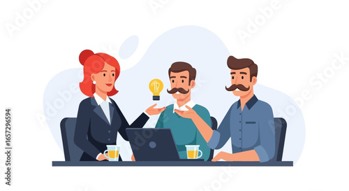 Three business professionals brainstorming new ideas and collaborating on a project in a meeting room. Teamwork, innovation, and problem-solving concept.