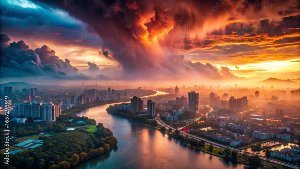 Fototapeta premium Dramatic Cityscape at Sunset with River