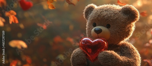 Teddy bear holding heart in autumn leaves
