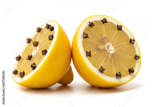 Two halves of a lemon studded with cloves on a white background