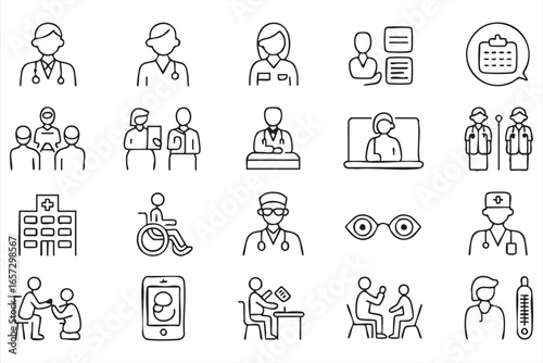 Minimalist Medical Line Icons for Doctors, Nurses, and Patient Care