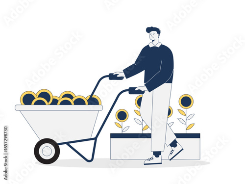 Businessman collecting investment return. Trading illustration. Character design. Flat vector illustration.