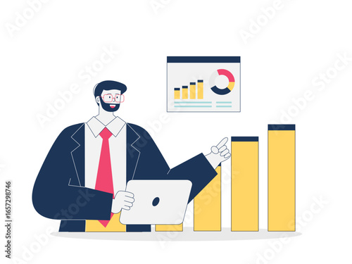 Man wearing a neat suit is explaining the planning for finance to increase with the best marketing. Trading illustration. Character design. Flat vector illustration.