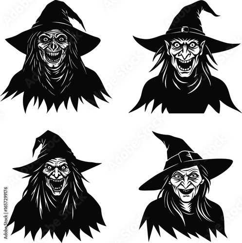 Haunted Halloween Witch Silhouette Bundle Black Creepy Ugly Hag Vector Set Transparent Background